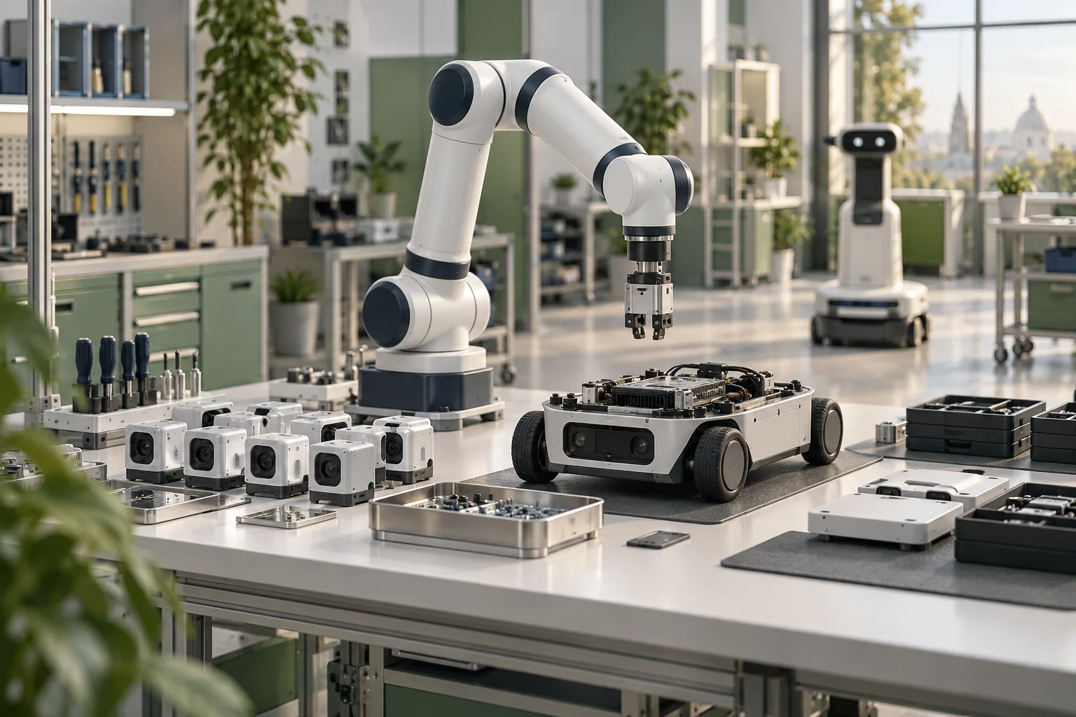 Concept illustration of a robot assembly bench with a collaborative arm and modular components.